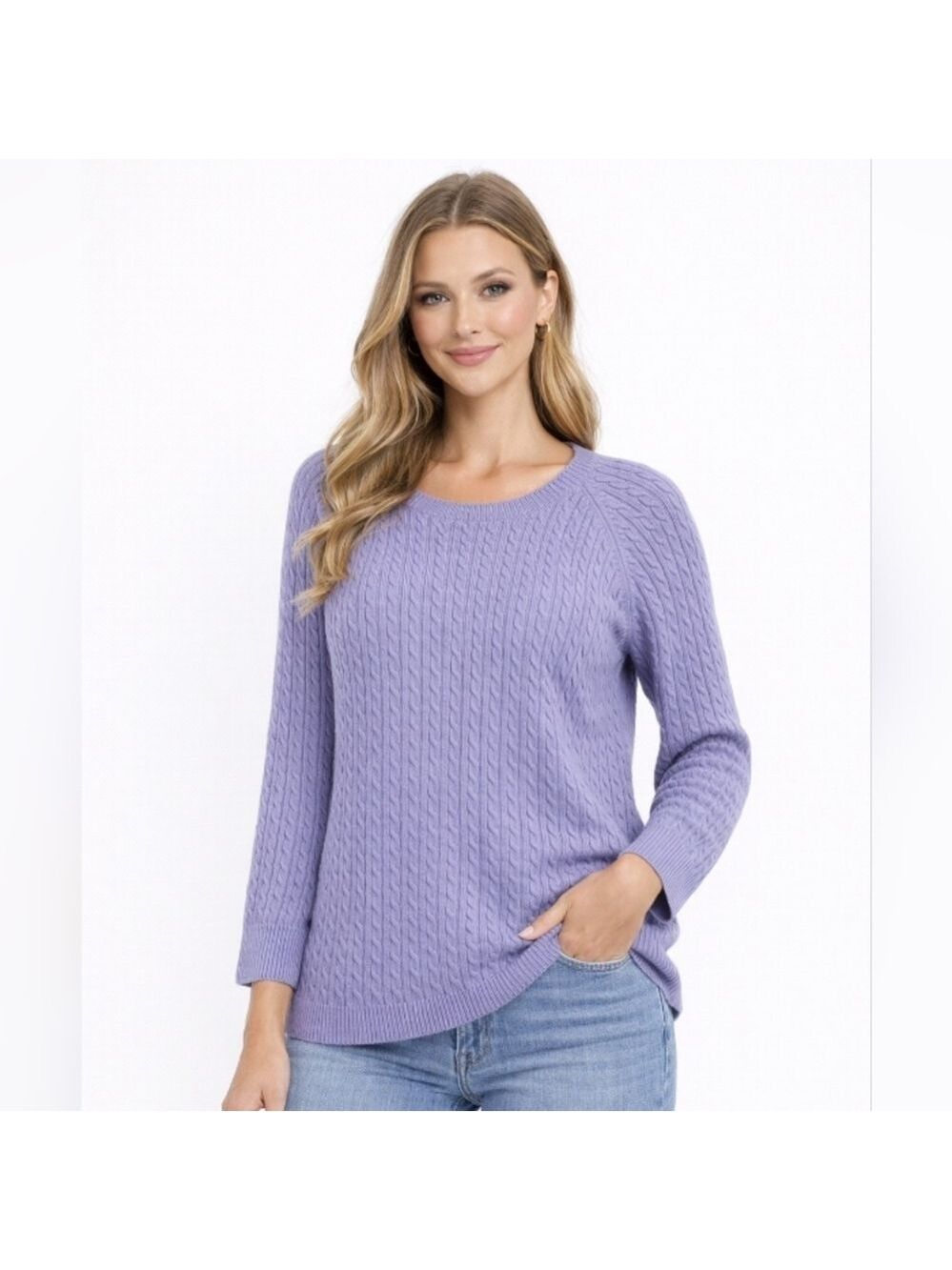 Preswick & Moore Lilac Purple Cable Knit Crewneck Sweater Size Petite Large